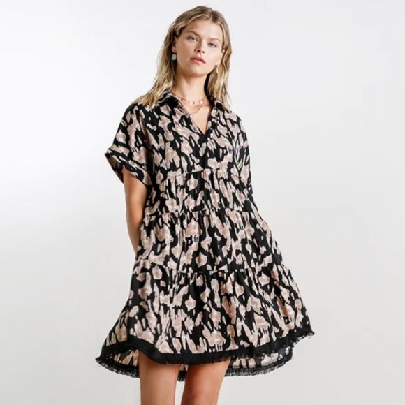 Umgee Dresses & Skirts - Umgee NEW Linen Blend Animal Print Collared Tiered Mini Dress Short Sleeve S M